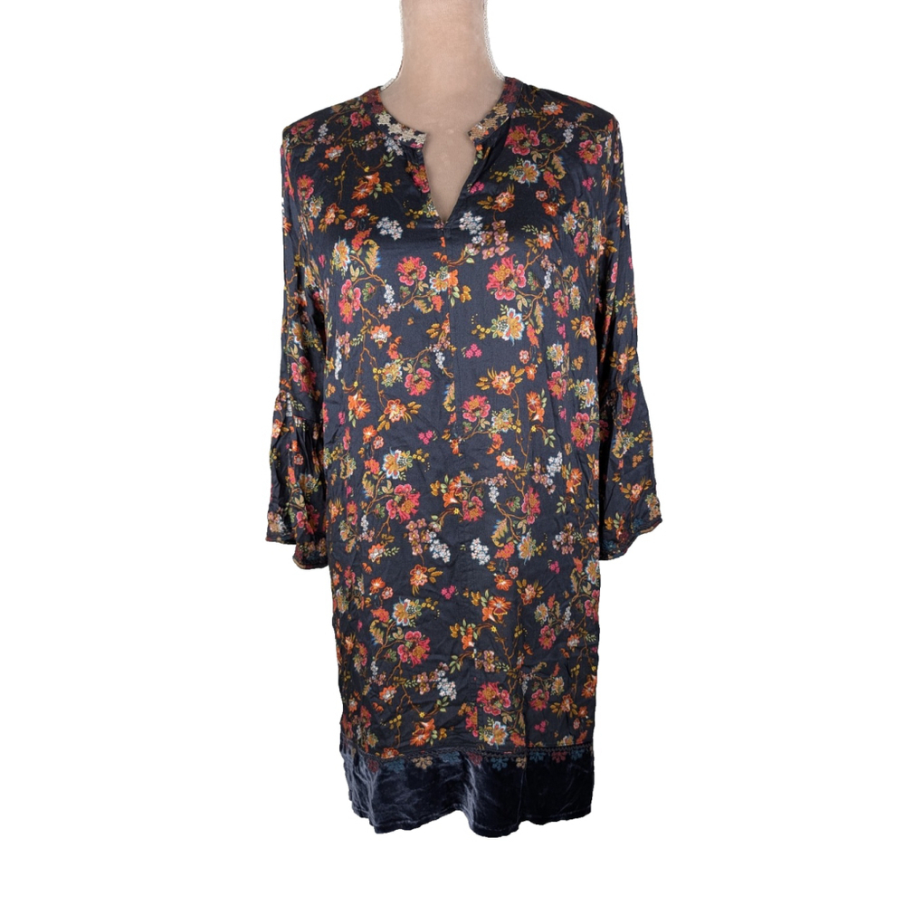 Johnny Was Dress Floral Cross Stitch Velvet Trim Small Navy Boho Cottagecore
